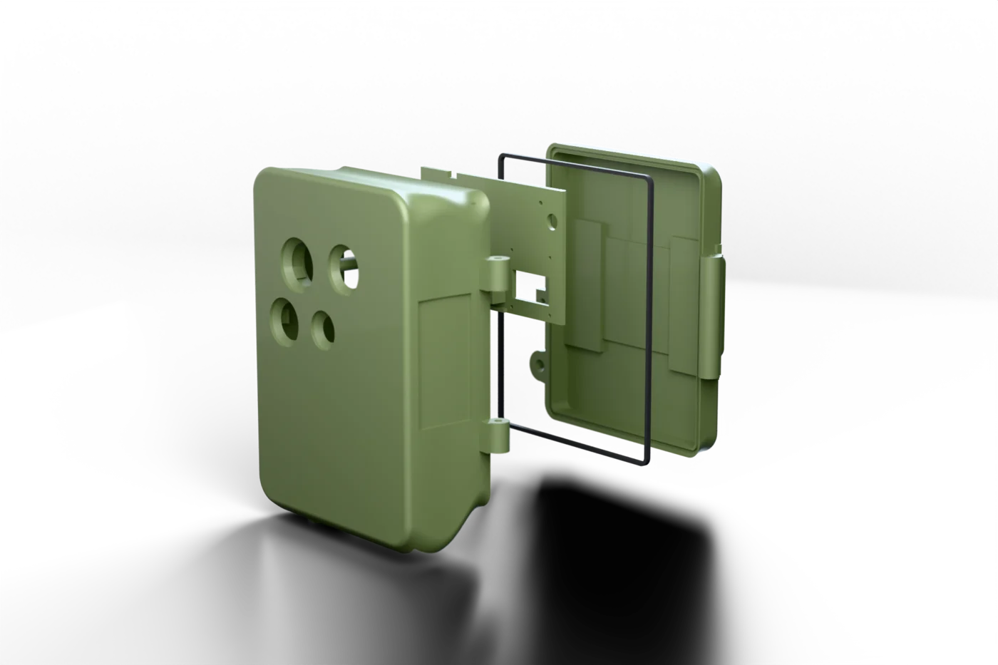 Exploded view of the trail camera housing with front shell, lens hood, sealing ring, and lid